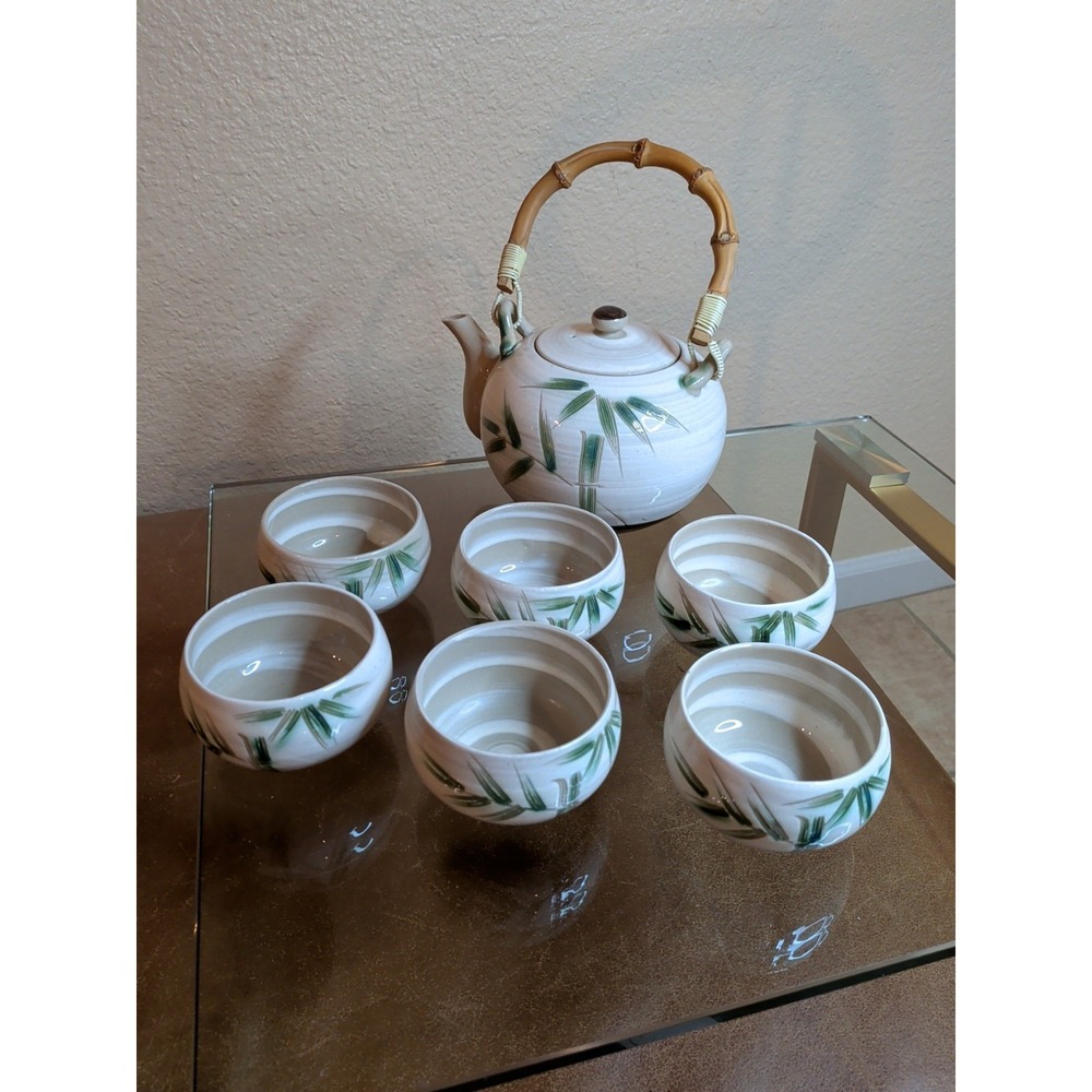 VTG Otagiri Japan Green Bamboo Tea Set Teapot & 6 Cups OMC Hand Painted Swirl